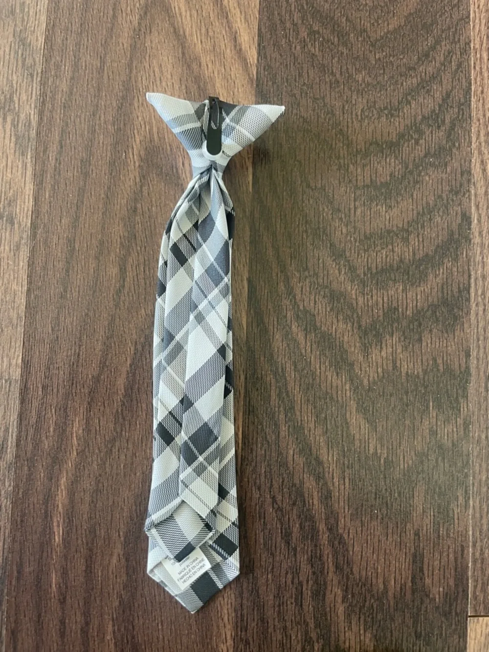 Boy’s Clip-On Gray Plaid Tie